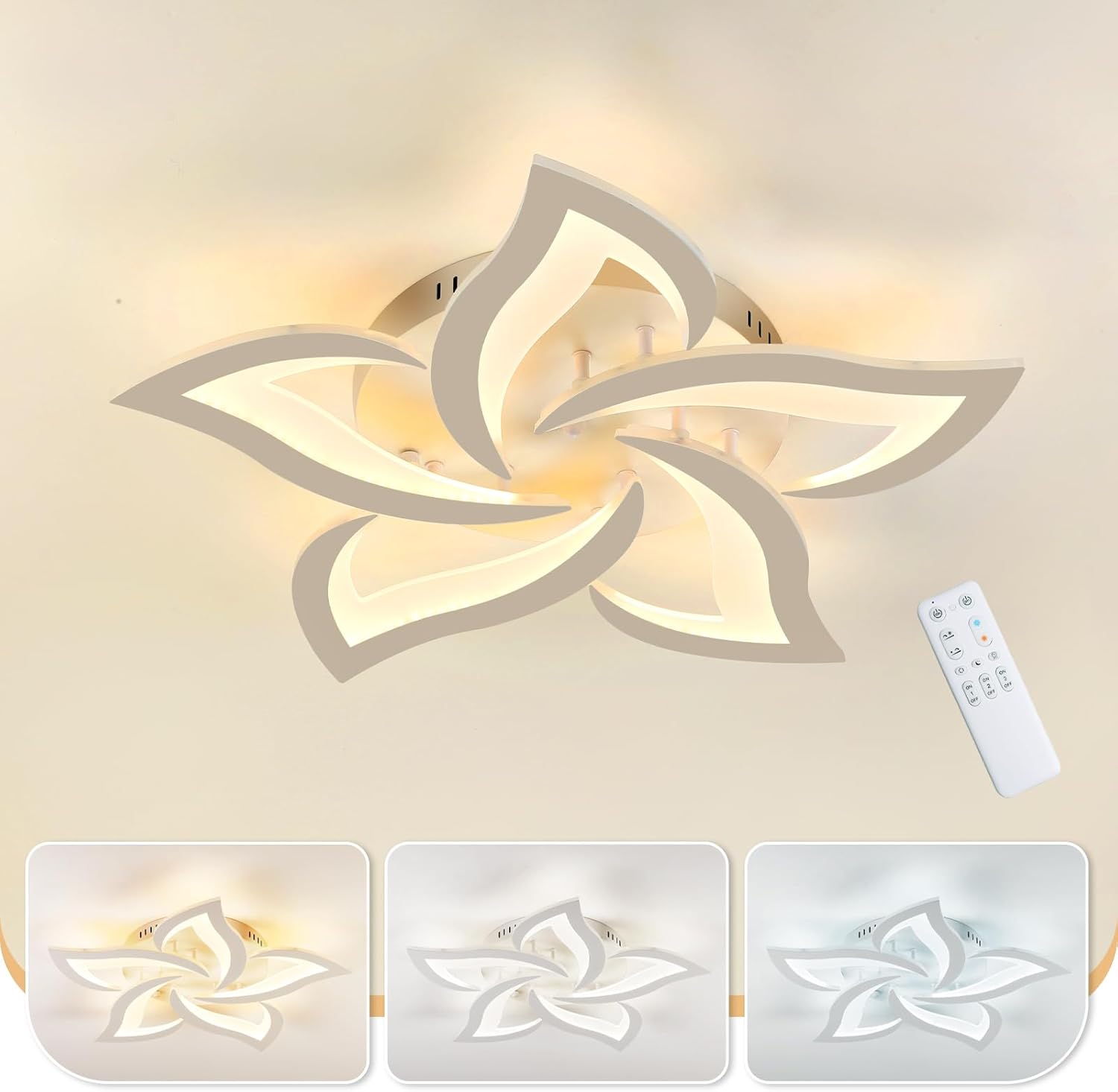 Lámpara de techo LED regulable MOUNM de 3000K a 6000K, lámpara de salón de 28W y 2800lm, lámpara de techo LED creativa con diseño de pétalos, panel acrílico, ideal para comedor, dormitorio, habitación infantil, iluminación de pasillos…