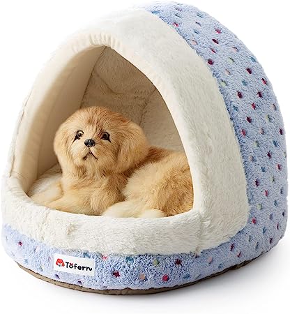 Tofern Perro Cama, Cachorros Camas Perrera con Manta Grueso Forma de Huevo, Puntos de Color, Nido para Mascotas, Lavable (Azul)