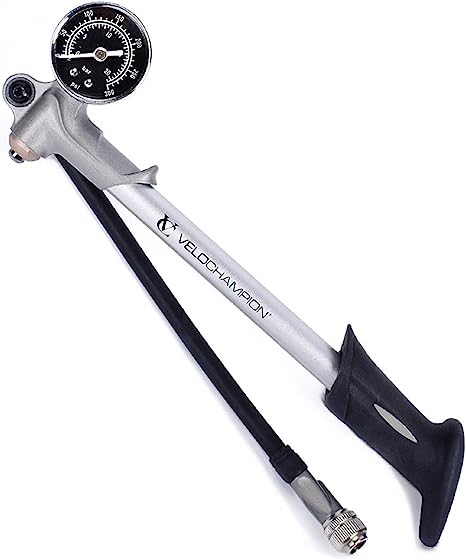 VeloChampion Bomba de Choque de Bicicleta con Calibre 300 PSI, Alta presión para Horquillam Plata