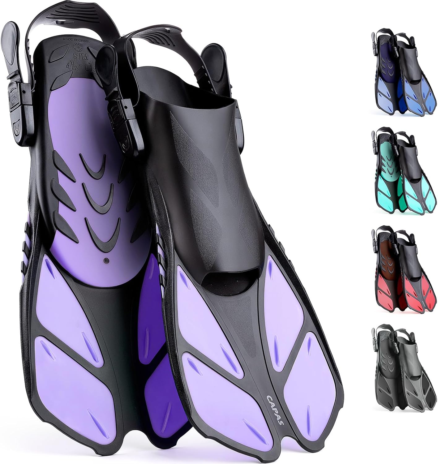 CAPAS Aletas de Snorkel, Aletas de Natación Tamaño de Viaje Corto Ajustable para Snorkel Buceo Adulto Hombres Mujeres Niños Abierto Talón Natación Aletas, talla S-M 