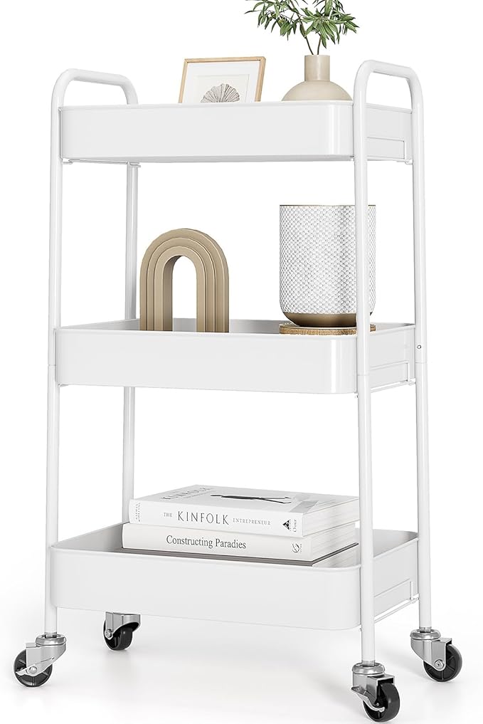 Carrito de cocina metálico de 3 niveles KINGRACK con ruedas – Carrito auxiliar y utilitario para cocina, baño, oficina – Sin tornillos, fácil montaje (Blanco)
