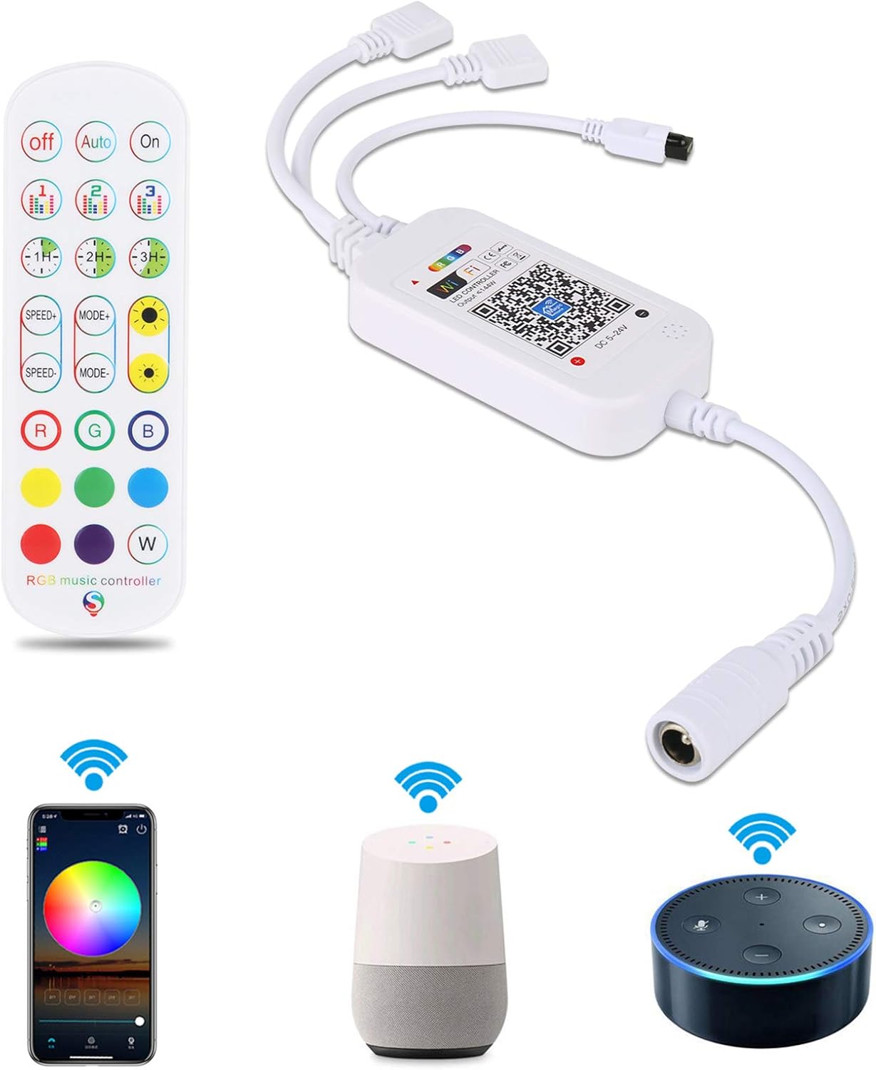 Controlador inteligente LED WiFi con control remoto, controlador inalámbrico RGB WiFi LUXONIC para tiras LED, caja de control WLAN para smartphone para tiras LED RGB, tiras de luces LED, compatible con Alexa y Google Home | Caja de control WLAN RGB inalámbrica con control remoto para tiras de luces LED RGB [Clase energética F]
