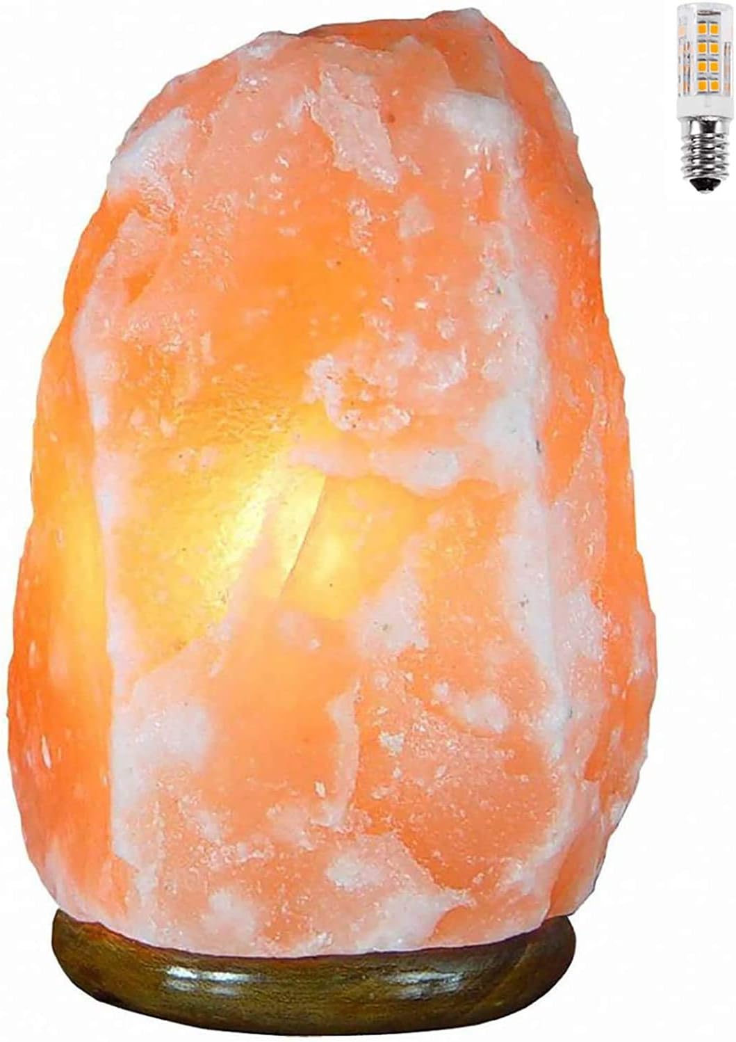 Lámpara de Sal del Himalaya natural, 2-3 kg. Hecha de minerales beneficiosos, con base de madera caucho resistente. Ideal para ambientes relajantes y como regalo. Incluye bombilla hálogen y repuesto L