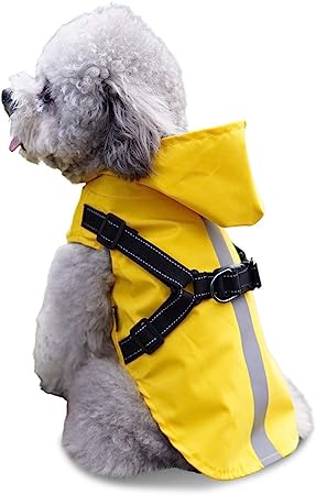 Dociote Chubasquero para Perros con Arnés, Ligero Impermeable Abrigo Perros con Capucha Reflectante Ajustable Impermeable para Perros Pequeños y Medianos Amarillo L