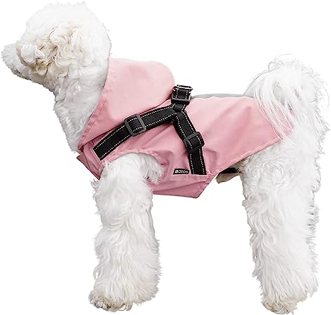 Dociote Chubasquero para Perros con Arnés, Ligero Impermeable Abrigo Perros con Capucha Reflectante Ajustable Impermeable para Perros Pequeños y Medianos Rosa XL
