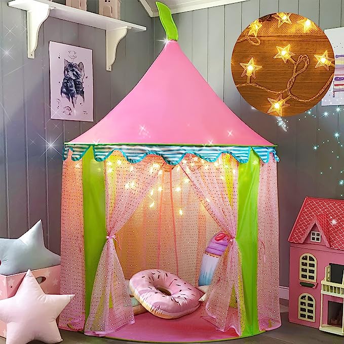 Carpa para niños + Luces de una Estrella Castillo de Princesa para niñas- Glitter Castle Pop Up Play Carpa Tote Bag - Niños Playhouse Toy para Juegos de Interior y Exterior 41 "X 55" (DxH)104.1 x 104.1 x 139.7 cm