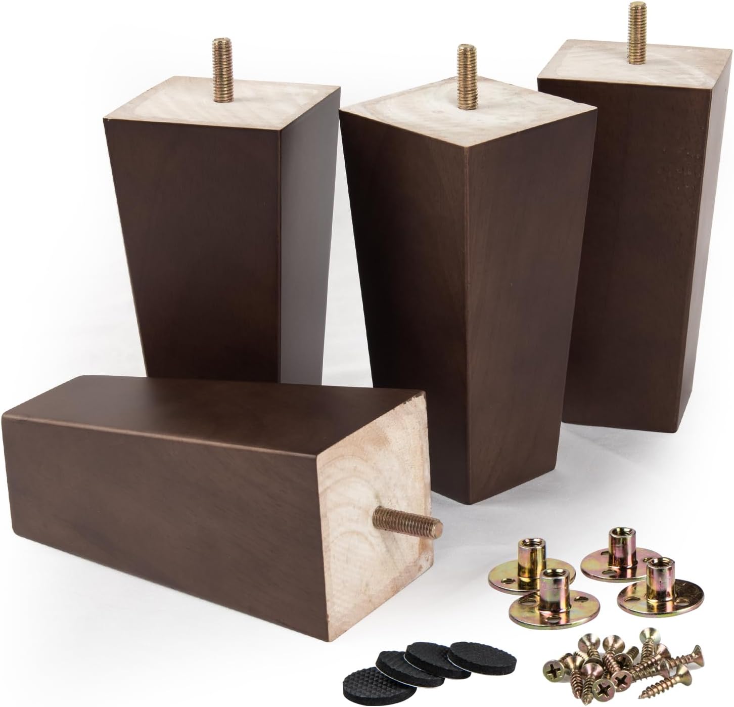 Juego de 4 patas de madera maciza La Vane para muebles - 20 cm de alto, nogal, forma piramidal con tornillos roscados M8 y placas de montaje - patas de repuesto para sofá, cama, armario, sillón (patas de madera, fáciles de instalar)
