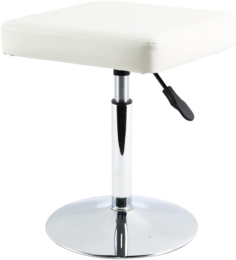 FURWOO Taburete Cuadrado de Cuero - Silla de Ocio, Bar y Trabajo Giratorio Ajustable en Altura - Sin Respaldo para Garaje y Barbería - Blanco