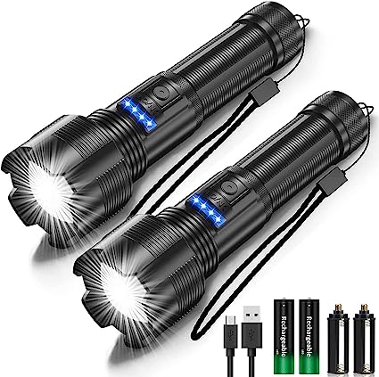 Karrong Linterna LED recargable por USB, extremadamente brillante, 5000 lúmenes, XHP50, linterna táctica IPX4, resistente al agua, 5 modos, senderismo, emergencias (con batería de 2200 mAh 18650)