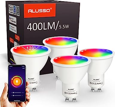 ALUSSO WiFi Smart GU10 Bombillas LED, Blanco y Color 120° Bombillas, Regulable 5.5W RGB/WW/CW, Compatible con Alexa Google Home, Regulable 2700K-6400K, No Requiere Hub, Paquete de 4