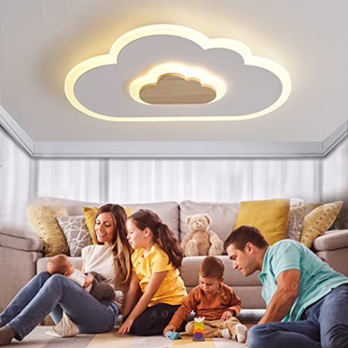 Lámpara de techo LED con diseño creativo de nube, fabricada en hierro, acrílico y madera de caucho. Disponible en varios tamaños (30 cm a 80 cm) y potencias (17 W a 50 W). Ajuste de brillo del 10% al 