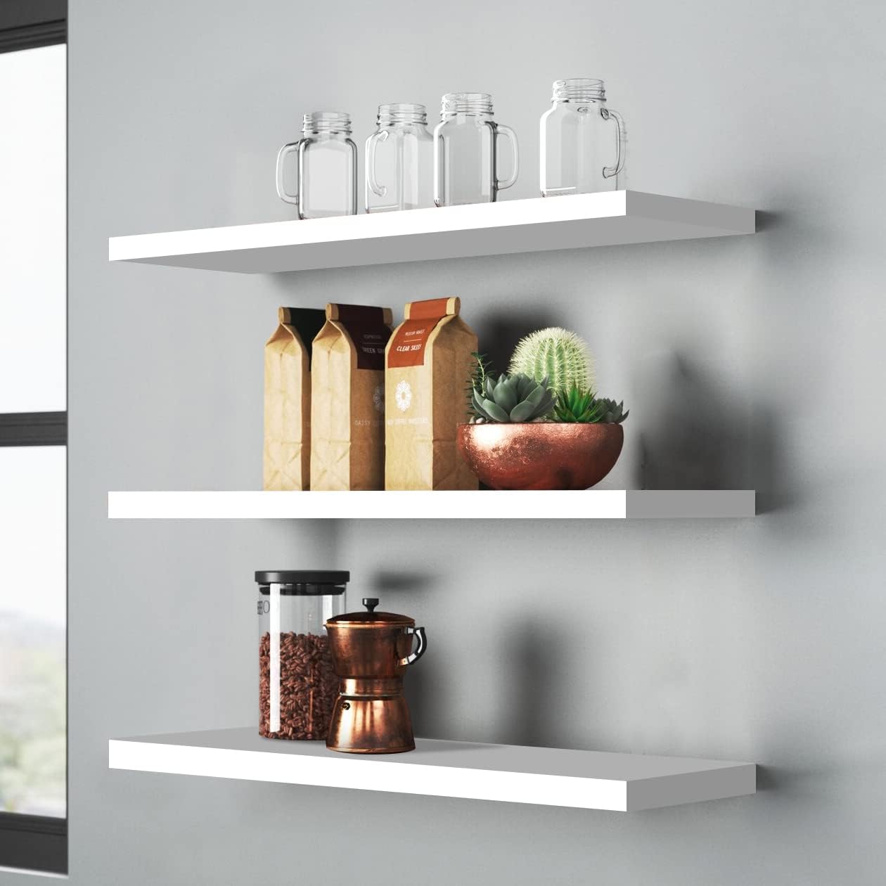 Estantes de pared flotantes blancos, paquete de 3 estantes de madera decorativos para montaje en pared, para sala de estar, dormitorio y baño