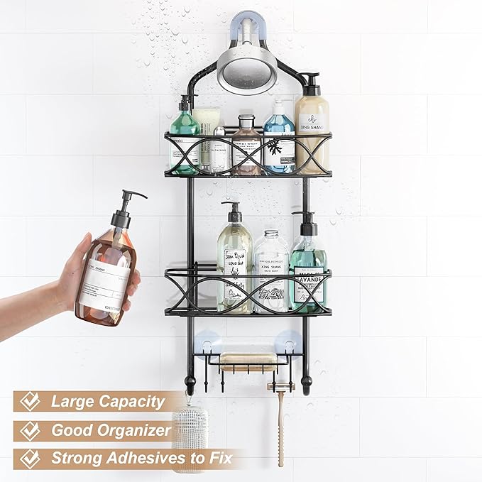 Organizador de baño grande de metal negro a prueba de óxido para champú, acondicionador, gel de baño, jabón, maquinillas de afeitar, esponja de ducha, lufas y estante de baño