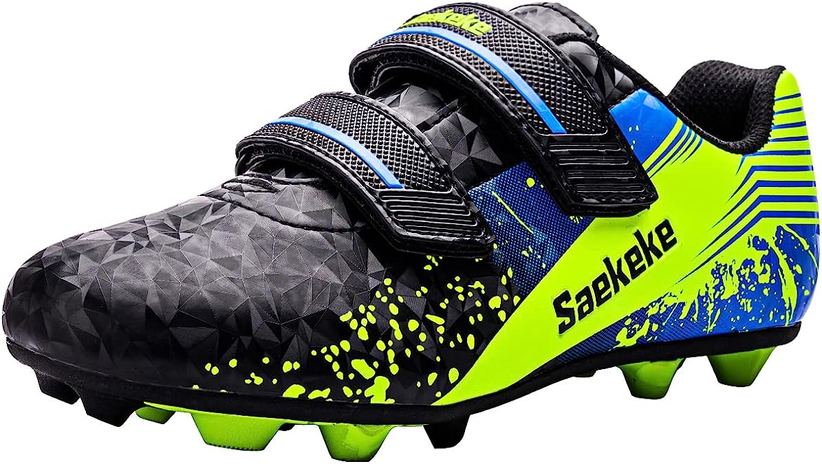 Saekeke Botas de Fútbol Niños Niñas FG/MG Bajo Zapatillas de Fútbol Velcro Doble Ligero Antideslizante Zapatos de Entrenamiento para Terreno Firme y Multisuperficie