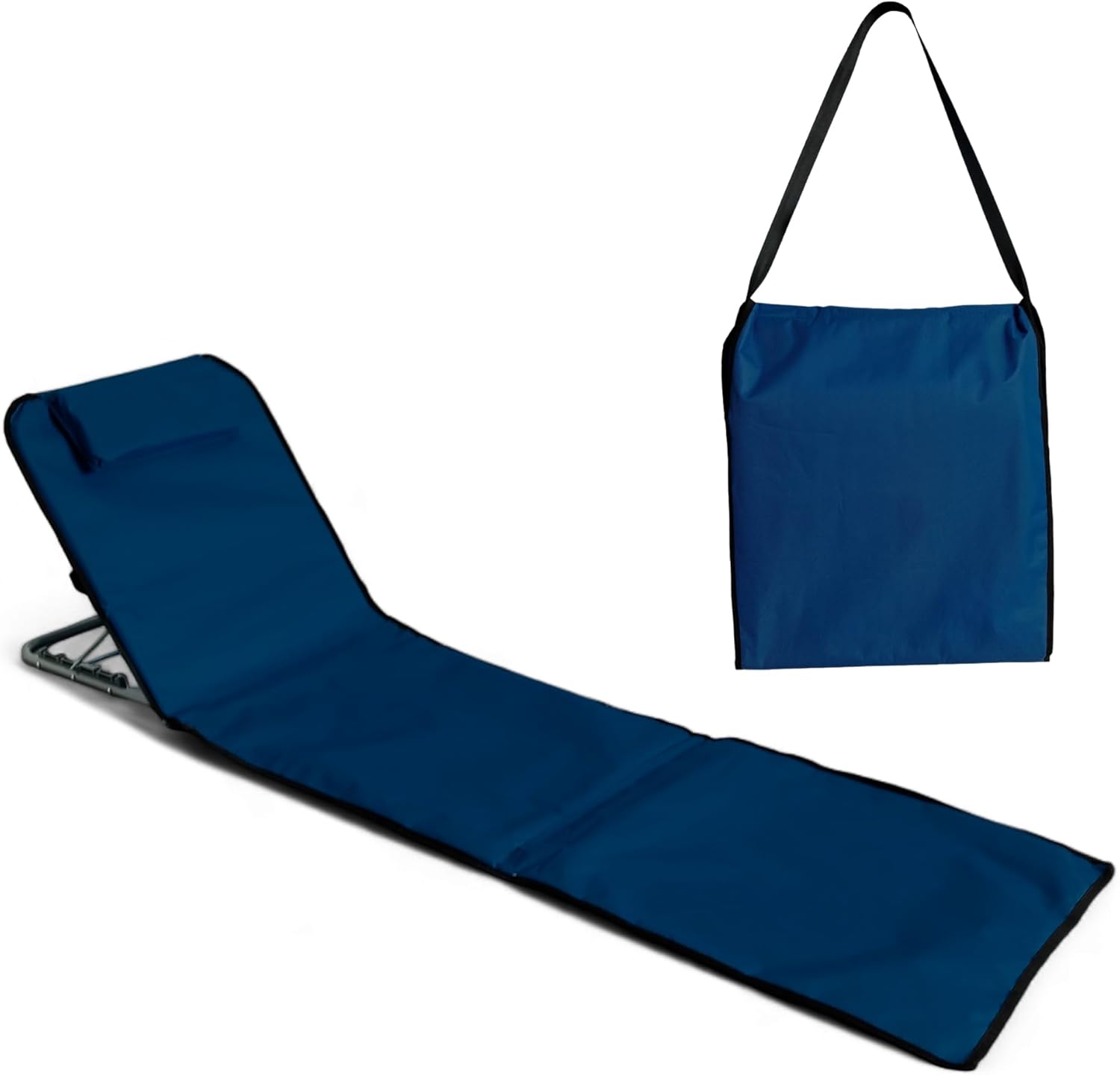 Colchoneta de playa plegable y portátil Pincho con respaldo y reposacabezas ajustables 170 x 48 x 50 cm con bolsillo de almacenamiento (Azul marino 170 cm)