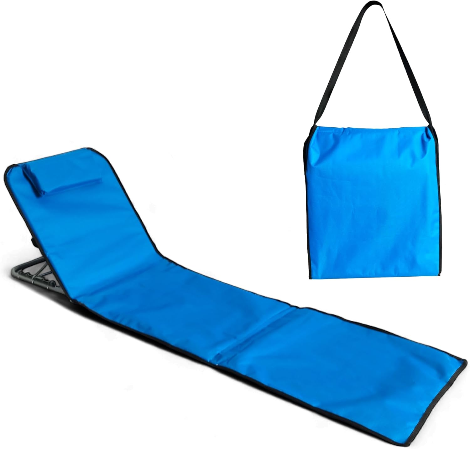 Colchoneta de playa plegable y portátil Pincho con respaldo y reposacabezas ajustables 145 x 47 x 50 cm, bolsillo de almacenamiento (Azul 170 cm)