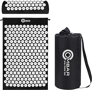 OMBAR Esterilla Acupresión Kit con Almohada para Acupuntura y Yoga, Kit de Masaje con Cojín Alivia el Dolor de Espalda y Cuello, Relaja los Músculos y Reduce el Insomnio (negro)