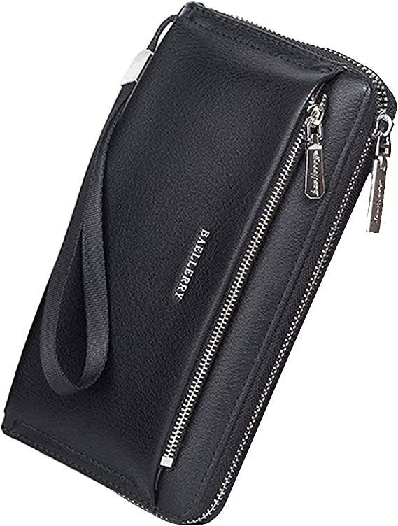 Cartera de hombre larga cartera billetera de hombre de gran capacidad bolso piel cartera hombre con bolso para móvil monedero portatarjetas bolso hombre con correa para la muñeca, Negro , 22*11*4cm,