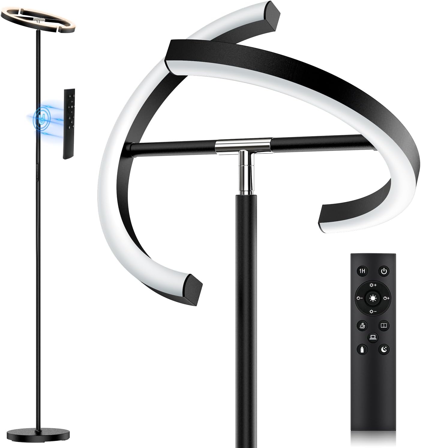Lámpara de pie LED SIBRILLE para sala de estar, negra, regulable, 22 W, 1300 lúmenes, moderna lámpara de techo LED con mando a distancia, luz blanca cálida/fría, lámpara de lectura, lámpara de pie táctil para oficina, sala de estar, dormitorio, hotel.