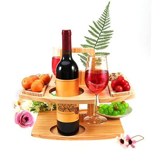 Mesa de picnic para vino al aire libre MVPACKEEY, bandeja grande plegable portátil de madera para aperitivos y quesos, bandeja con compartimentos y asa, soporte ajustable para copas de vino para conciertos en el parque, playa y camping.
