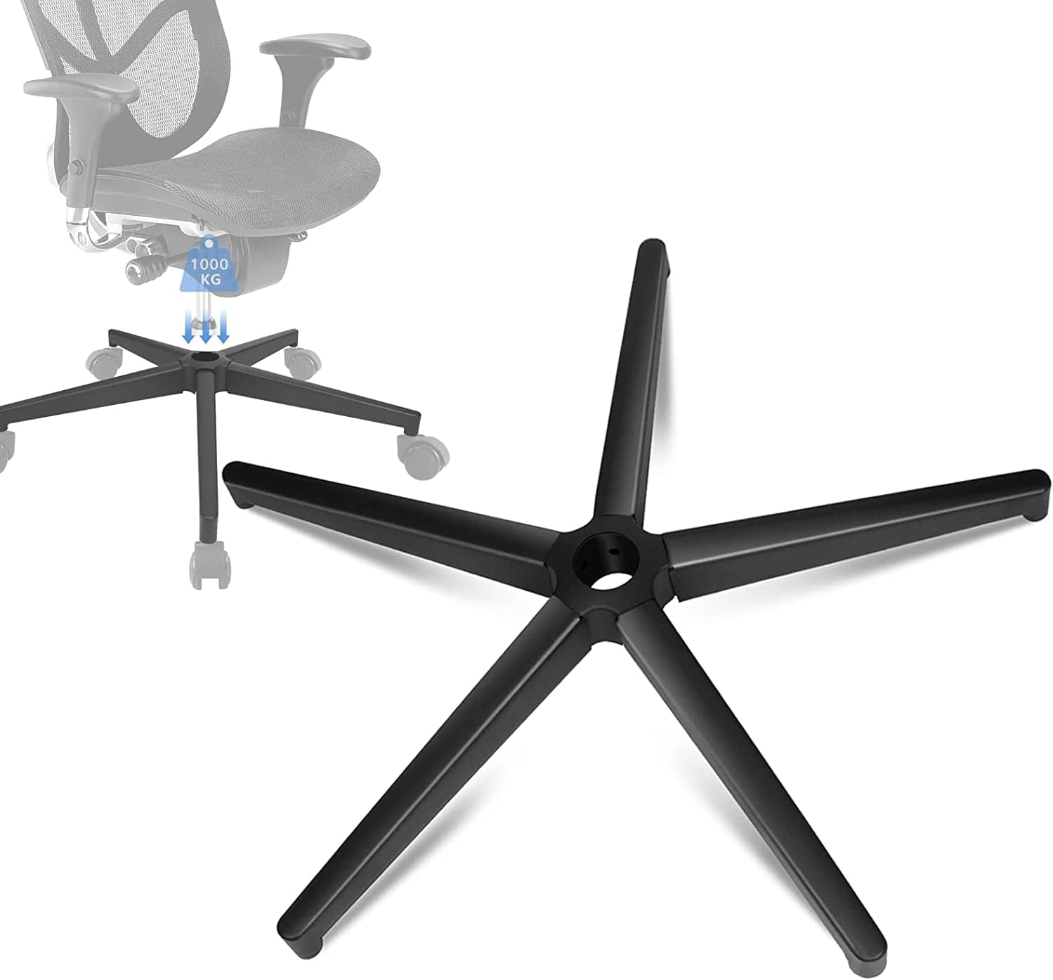 Base para silla de oficina, base de 5 radios con soporte, estructura metálica pentagonal negra, base giratoria, apta para ruedas de 11 mm x 22 mm, resorte de gas de 50 mm.