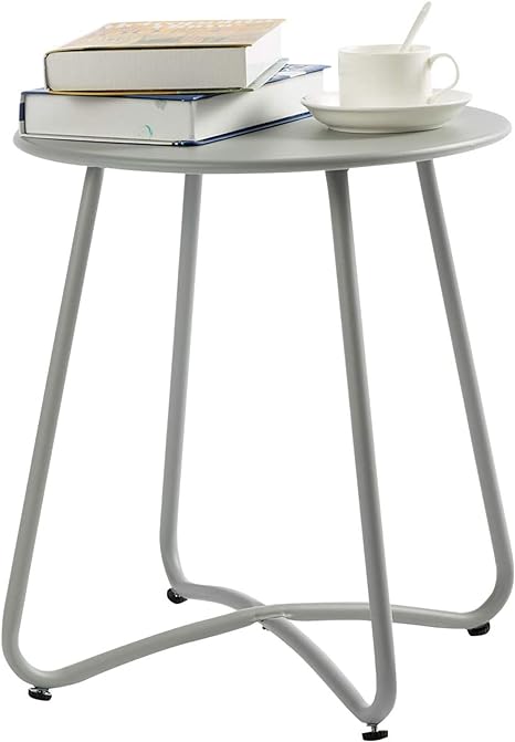 HollyHOME Mesa de Jardín Redonda, Mesa Auxiliar para Patio, Mesa Auxiliar Pequeña Mesa de Centro Mesa de Metal para Sala de Estar, Jardín, Patio, Balcón, Exterior, Gris