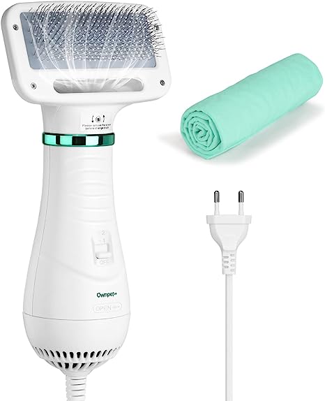 Ownpets Secador de Perro con Peine de Piel, 2 en 1, secador de Pelo, Cepillo para Mascotas, secador de Perros, Temperatura Ajustable (2 Niveles de 40 o 60 ?)