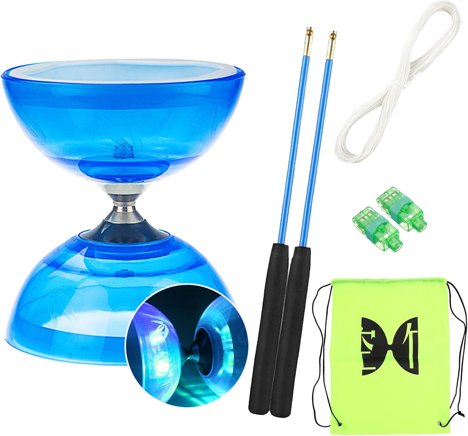 Diabolo Runner al aire libre con juego de almacenamiento triple de rodamiento de bolas, 4 colores parpadeando el almacén triple diabolo con cuerda de repuesto, varilla profesional, bolsa de alimentación