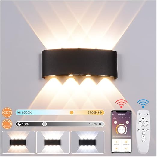 Lámina de pared LED en el interior, lámpara de pared inteligente de 8 W con luz de control remoto luz de pared tibia blanca cálida | blanco frío | blanco neutral ajustable, ip65 luces de pared exterior impermeables lámparas de pared de aluminio afuera (negra)