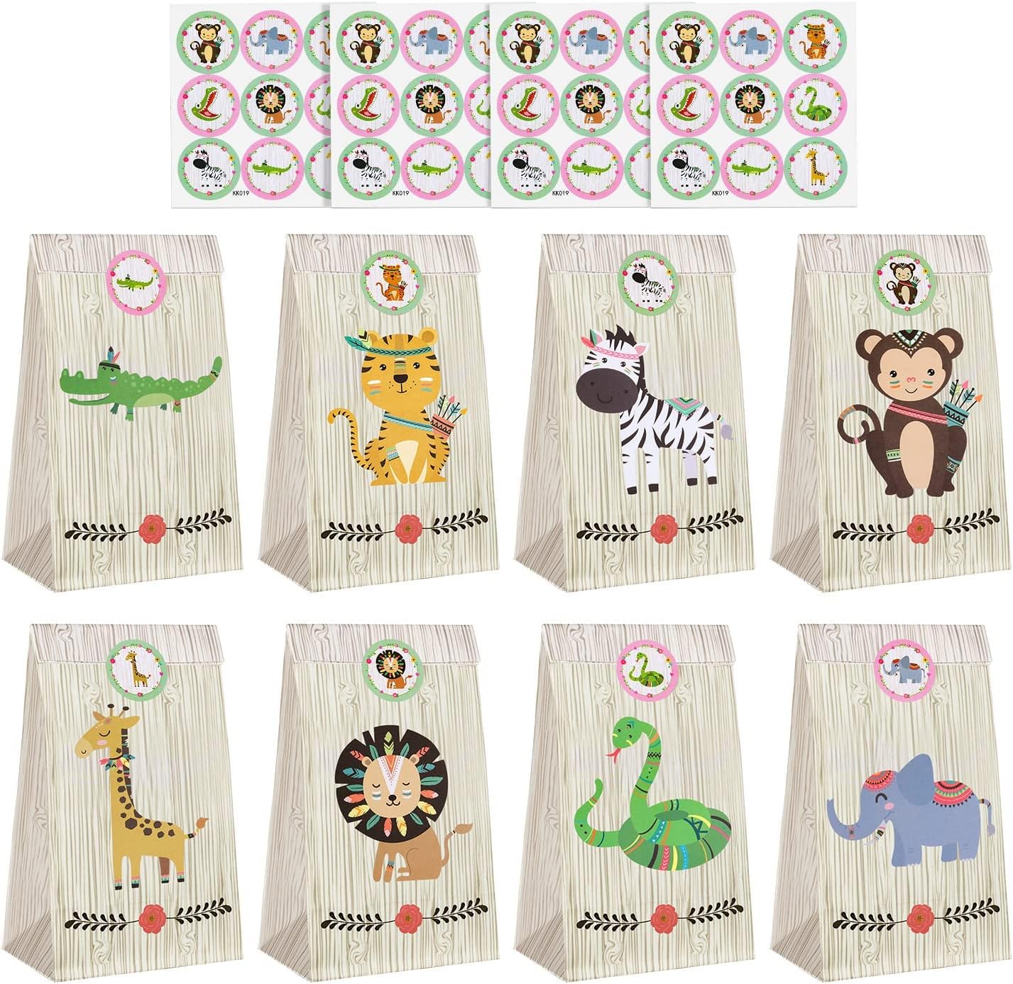 flintronic 24pcs Bolsa de Papel Animales, ​Bolsas Regalo Papel Kraft 8 Animales con 36 Pegatinas,Animales Bolsas de Candy Papel Regalo para Niños/Fiestas/Cumpleaños/Navidad