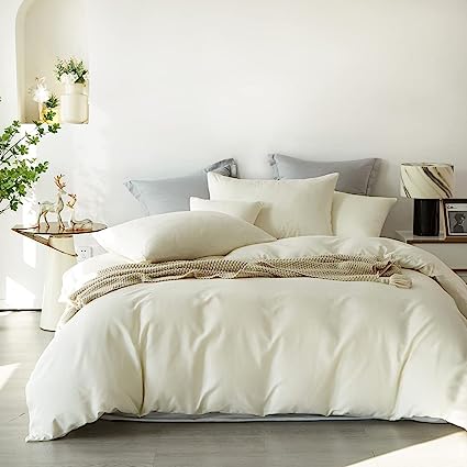 Lanqinglv Juego de ropa de cama de 135 x 200 cm, 4 piezas, color blanco y crema, microfibra, monocolor, 2 fundas nórdicas de 135 x 200 cm con cremallera + 2 fundas de almohada de 80 x 80 cm