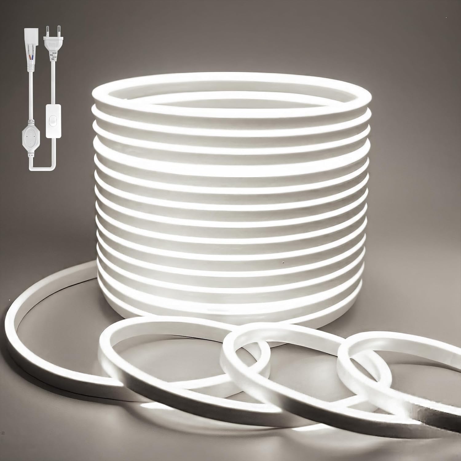 Tira de luces LED de neón BAGZY de 20 m para exteriores, resistente al agua, 230 V, 120 LED/m, flexible, para bricolaje, ideal para fiestas navideñas en interiores y exteriores, con fuente de alimentación y controlador (blanco, 20 metros).