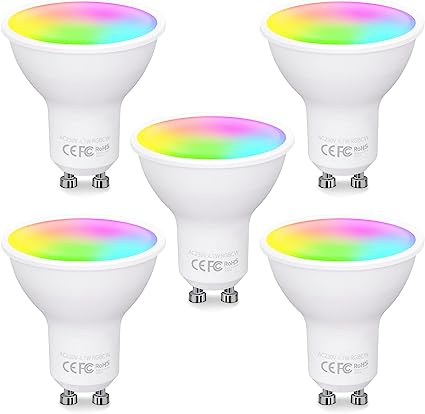 FITOP Bombilla Inteligente Alexa GU10, Bombilla Wifi Lámpara Inteligente 4.7W=50W, Compatible con Alexa/ Google Home/Siri, 2200-6500K Luces Cálidas/Frías & RGB Ajustable,Control de Voz, 5 Paquete