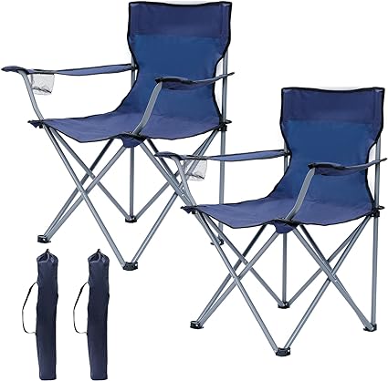 AMHANCIBLE Silla de Camping Plegable de 2 Piezas, Silla de Pesca Plegable con portavasos, Silla de Camping Plegable con reposabrazos y Bolsa de Transporte Ligero, hasta 120Kg Duradero, Azul