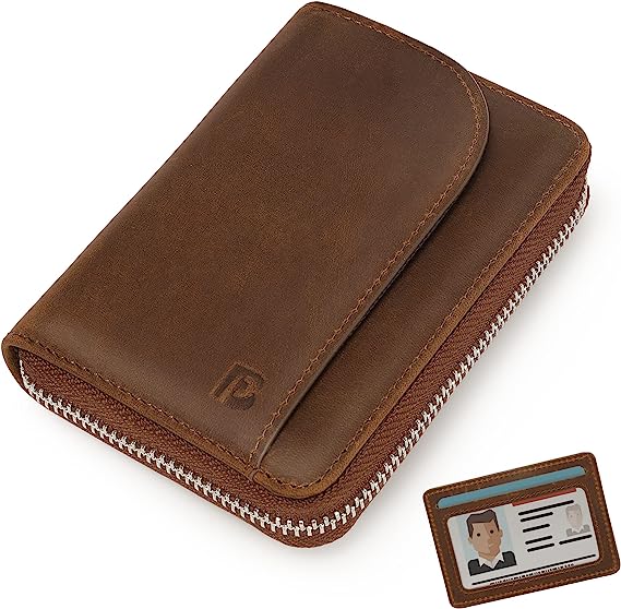 Pomelo Best Cartera de piel para hombre pequeña con soporte para tarjeta de identificación extraíble, cierre de cremallera, protección RFID para hombres