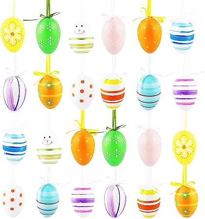 Rebundex 24 huevos de Pascua para colgar, de plástico, para exteriores, color pastel, minihuevos de Pascua, decoración exterior, decoración de Pascua, decoración para exterior, decoración de Pascua para colgar en el exterior