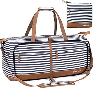 Lekesky Bolsa de Viaje Grande 80L con Compartimento para Zapatos, Bolsa de Viaje Plegable Weekender Mujer para Viajes, Hospital, Playa, Camping (Rayas Azules)