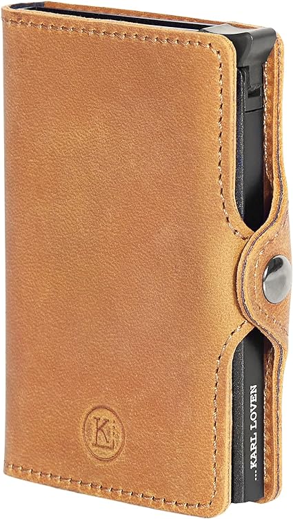 .KARL LOVEN - Cartera Compacta Unisex - Cuero Vintage - RFID Blocker para Tarjetas - Marrón Dorado
