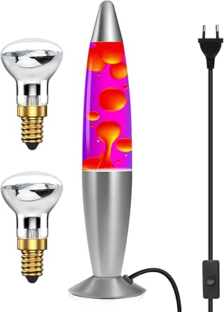 Lámpara de lava clásica DoRight de cera amarilla/aluminio líquido rojo con movimiento relajante para una relajación apacible, 34 cm, con 2 lámparas de lava R39 de 25 W y E14, CA 220-240 V, enchufe UE