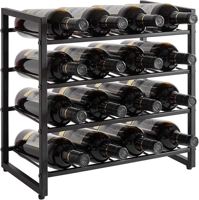 Botellero metálico IBUYKE, de pie, 4 niveles, capacidad para 16 botellas, ideal para barra, restaurante o cocina. Color negro. Modelo TMJ903H.