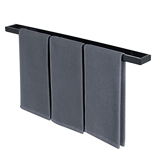 Toallero negro de 70 cm, fabricado en acero inoxidable SUS 304 para resistencia en ambientes húmedos. Superficie negra mate y diseño multiusos, permite instalación horizontal o vertical. Capacidad de 
