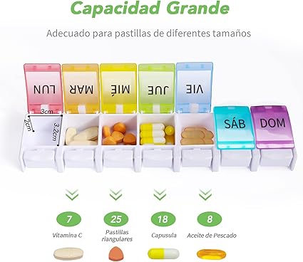 Opret Pastillero Semanal 1 Tomas francés , Pastillero Diario Grande con Interruptor de Expulsión, Organizador Pastillas 7 Dias y Dispensador Comprimidos para Viaje