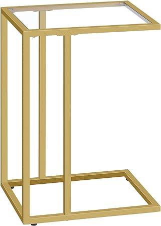 HOOBRO Mesa Auxiliar en Forma de C, Mesa Auxiliar de Cristal Templado con Marco de Metal, Mesa Auxiliar Delgada para Espacio pequeño, sofá y Cama, Estilo Moderno, Dorado