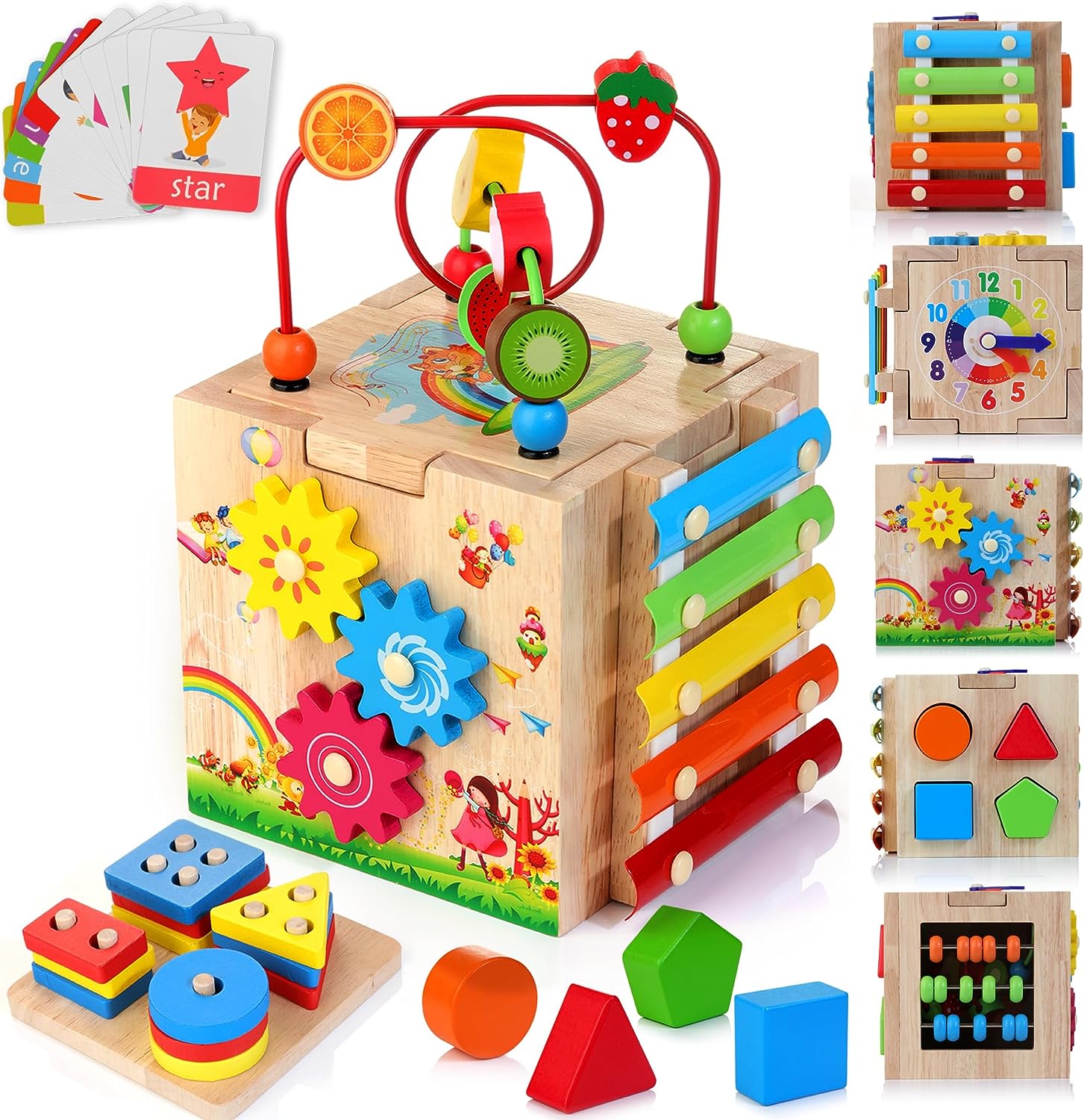 HELLOWOOD Cubo de Habilidades Motoras de Madera para Bebés 8 en 1 Cubo de Actividades (Colorido + Embalaje Azul)