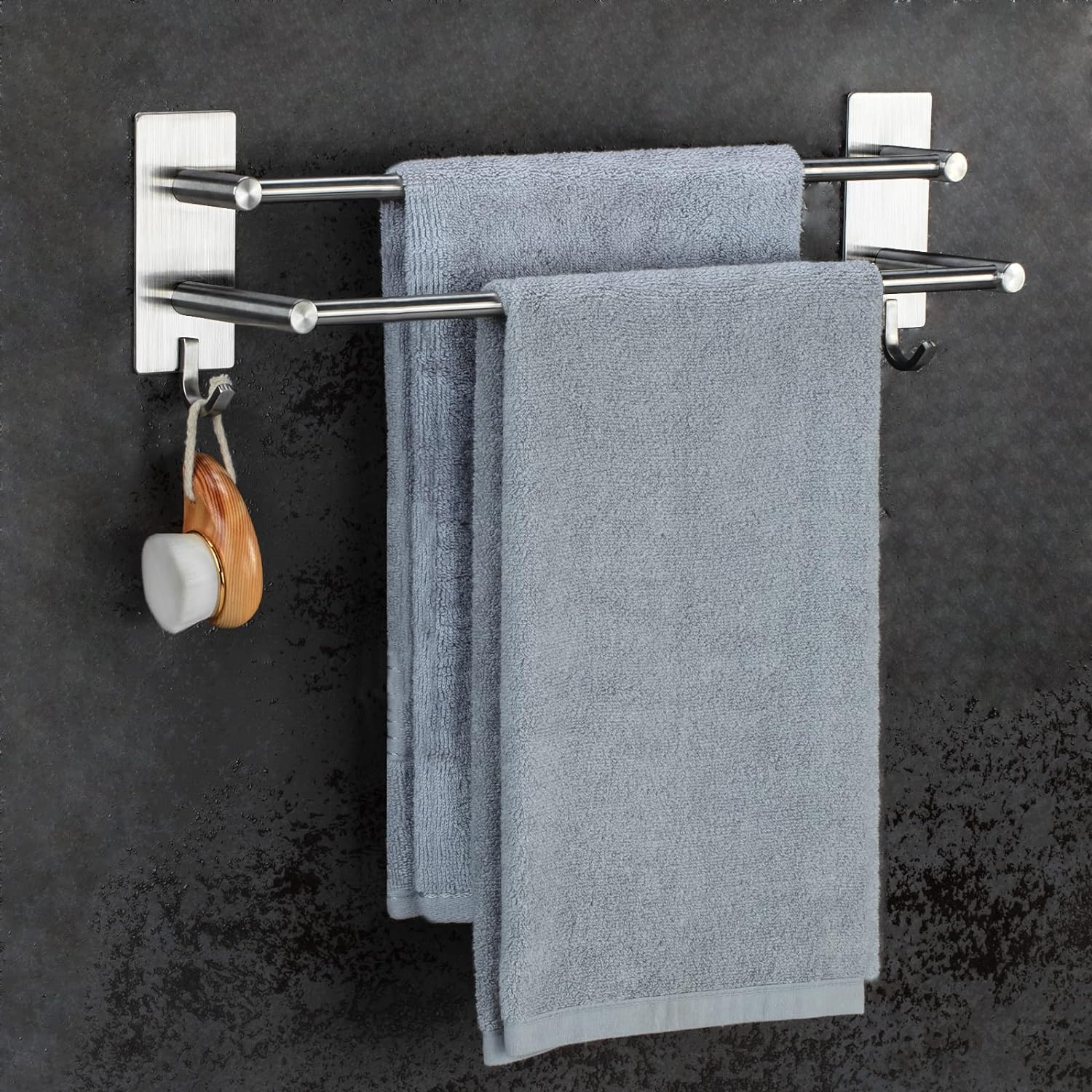 Soporte para toallas JS sin taladrar, barra para toallas de baño, acero inoxidable, soporte para paños de cocina, autoadhesivo, soporte doble para toallas de baño con 2 ganchos, montaje en pared, baño, cocina