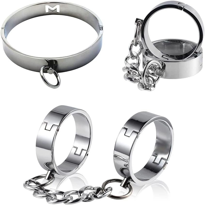 Guspiun Pareja esposada SM Bondage Fetish Anclebars Wristwells Collar cautivo, esclavo íntimo, metal bdsm juguetes de sexo de esclavos para adultos (pisueños +esposas +cuello para mujeres)