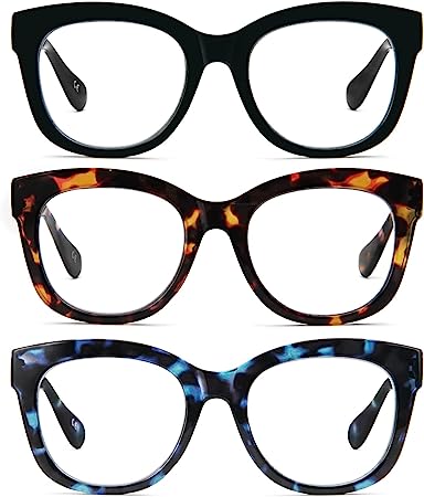 MMOWW Paquete de 3 Gafas de Lectura Redondas Para Mujer, Gafas Antiazules de Gran Tamaño, Cómodas y Modernas con Bisagra de resorte +3.0, 2 Negras 1 marrón