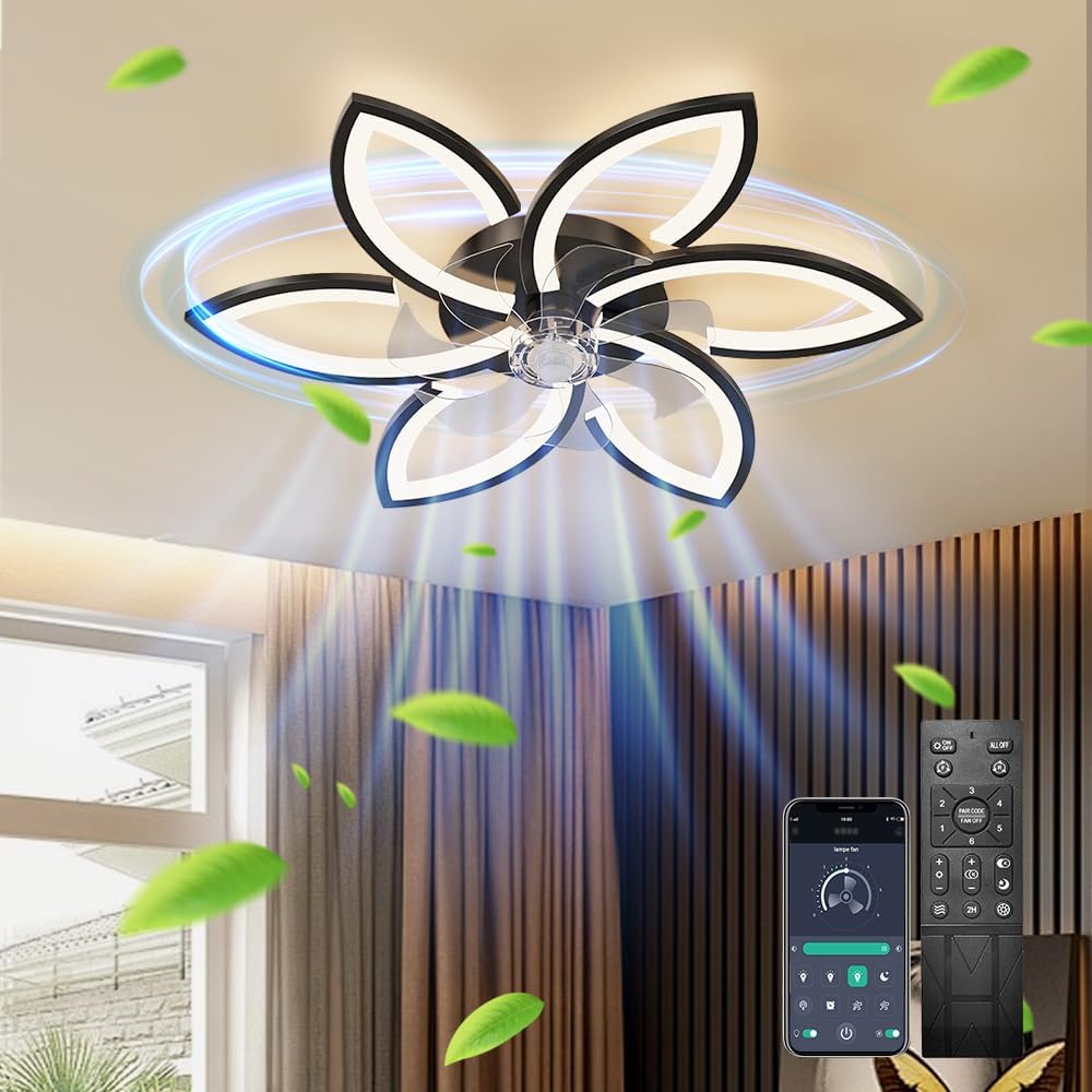 Ventilador de techo silencioso con luz, ventilador de techo con control remoto e iluminación, luz del ventilador con control por aplicación, color y brillo regulables, 70 W, lámpara de techo creativa con forma de flor de acrílico con ventilador (negra)