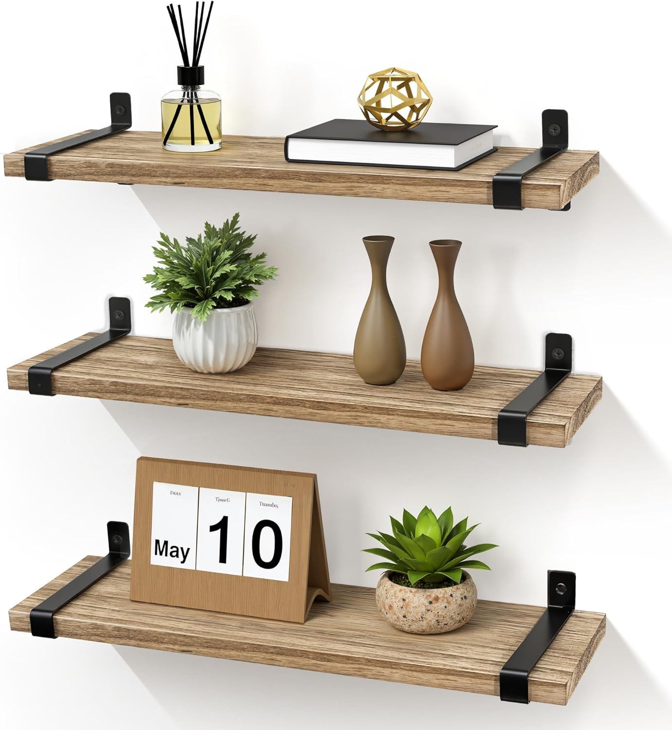 Gronda Juego de 3 estantes flotantes de madera con metal negro, estantería colgante de cocina, estantes flotantes rústicos, estilo industrial, decoración de pared para salón, dormitorio, baño