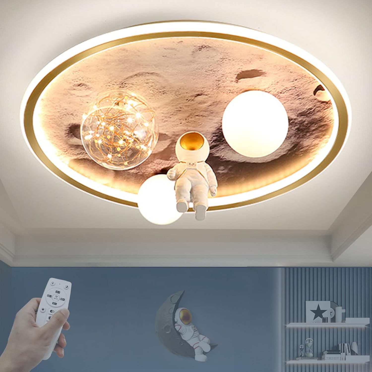 Lámpara de techo infantil HMAKKG, lámpara de techo con diseño de astronauta y luna con mando a distancia, 3000K/4000K/6000K, LED de 68W regulable para habitaciones de niños y niñas, Ø50cm